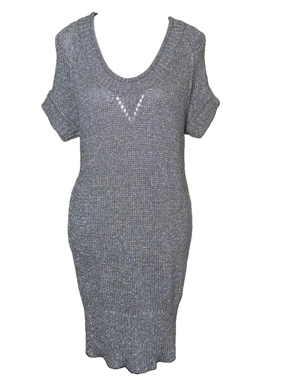 Karen Millen Short Sleeve Sweater Dress Size 3 Metallic Silver Gray Shimmer Chic